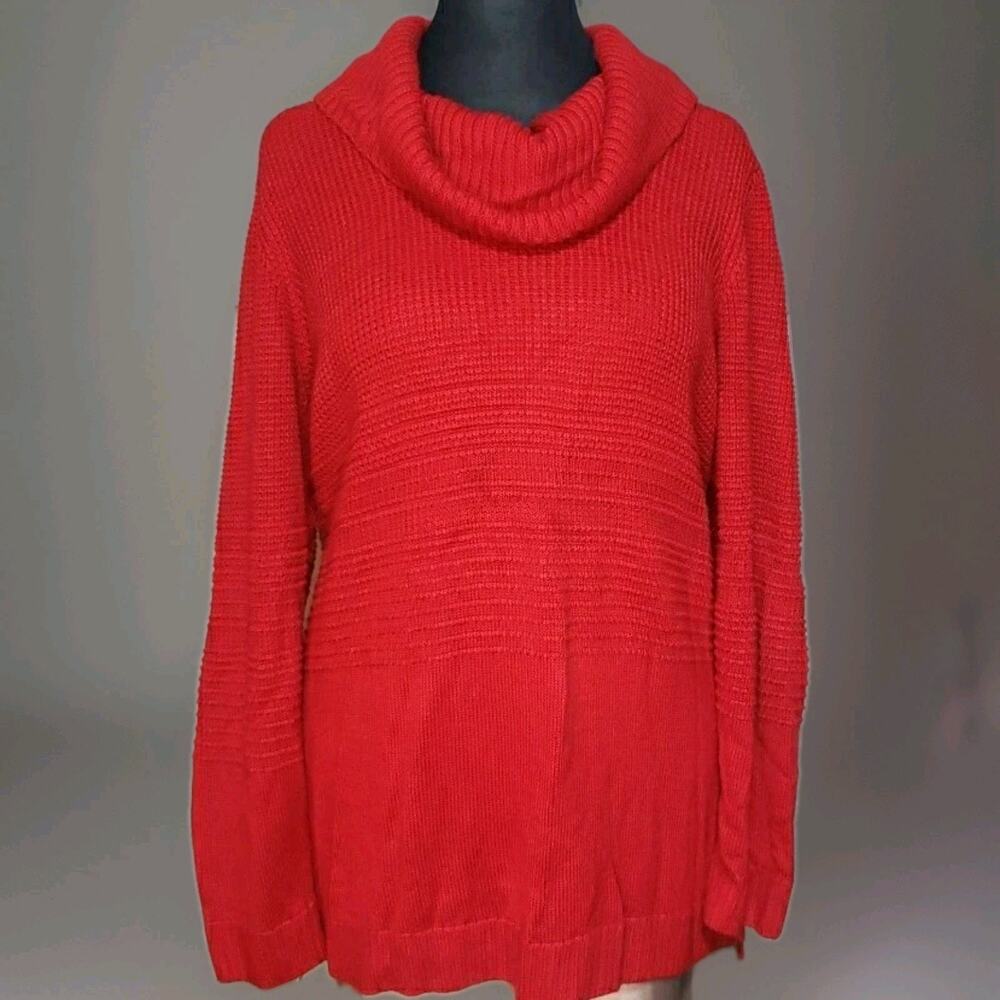 Calvin Klein XL Sweater Vibrant Red Cowl Neck Knit Preppy‎ Boho Cable Knit